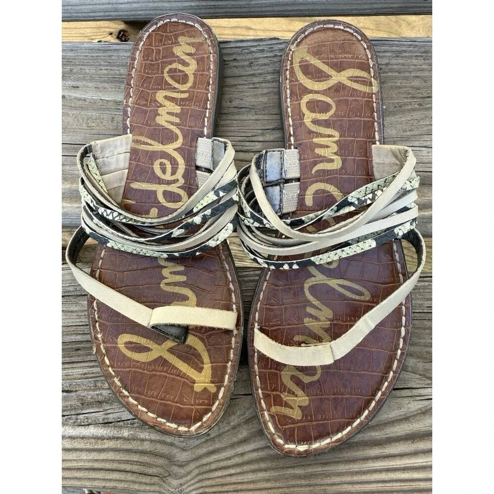 Sam Edelman Gwennie Sandals Women's 8.5 Beige Leather Snakeskin Strappy Thong